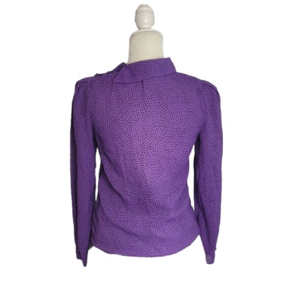 VINTAGE 70s blouse purple printed shoulder button polyester pleated S - Picture 2 of 10